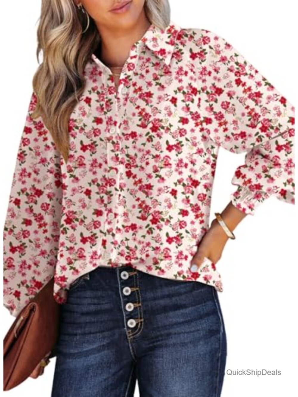 Dokotoo Women's V Neck Floral Print Chiffon Button Down Blouse